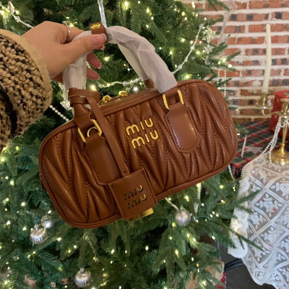 Miu Miu Brown Quilted Matelassé Mini Satchel with Gold Hardware